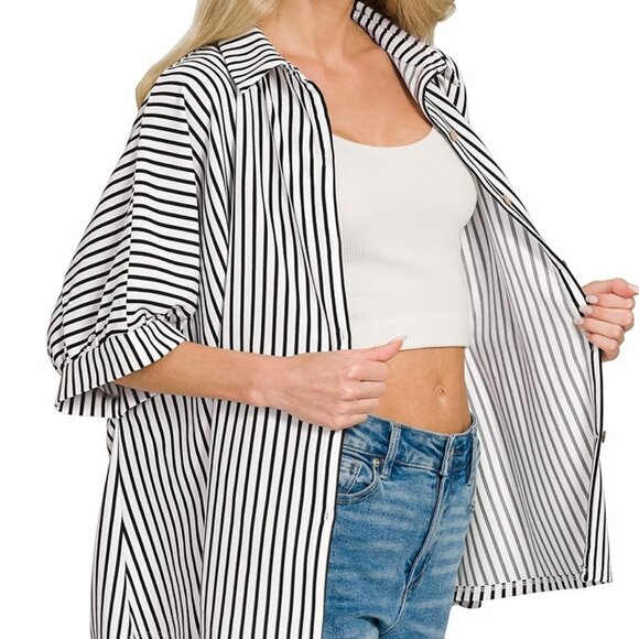 NWT Zenana Oversized Stripe Button Down Shirt - Picture 1 of 3